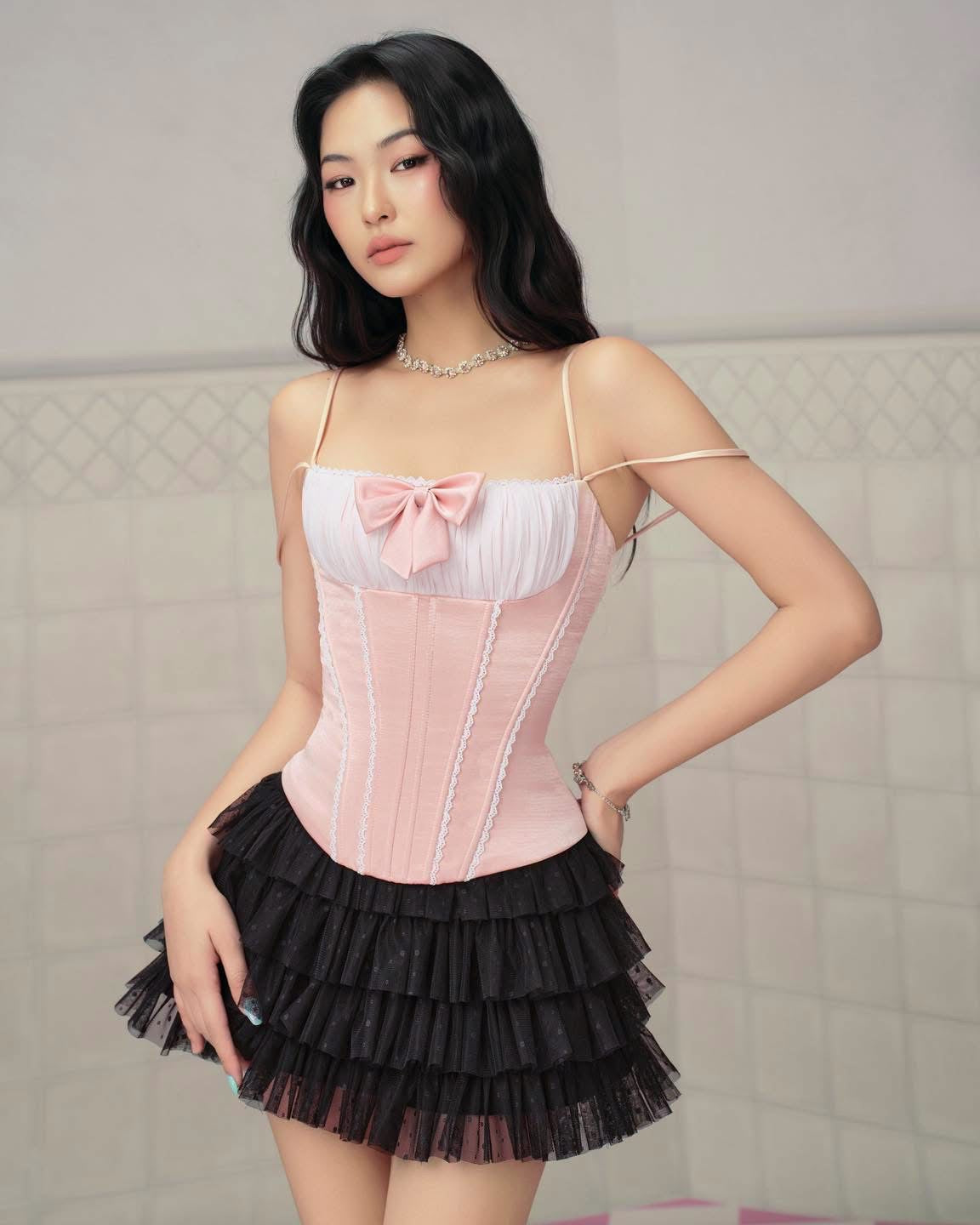 Cream Spaghetti-Strap Bustier Corset Top & Tulle Puff Mini Skirt Lola Set