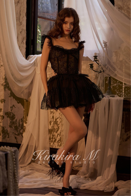 KIRAKIRA M Black Lace Mini Dress