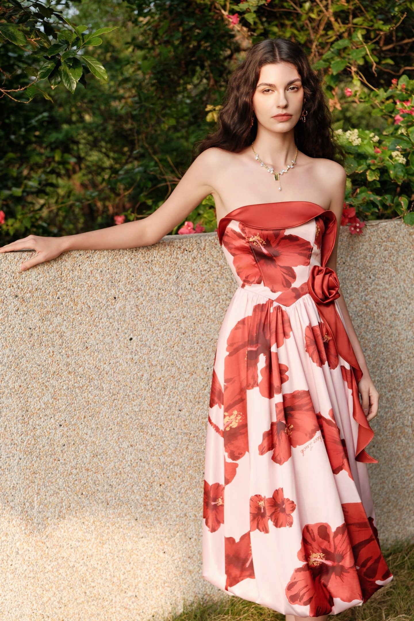 SHEERLUCK Sweet Vacation Blue Bloom Satin-Print Resort-Style Floral Balloon Midi Dress
