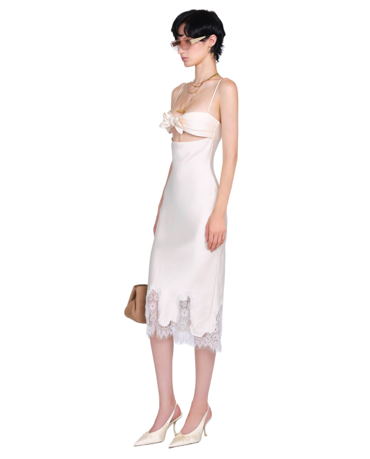White Bow Satin Almes Midi Dress