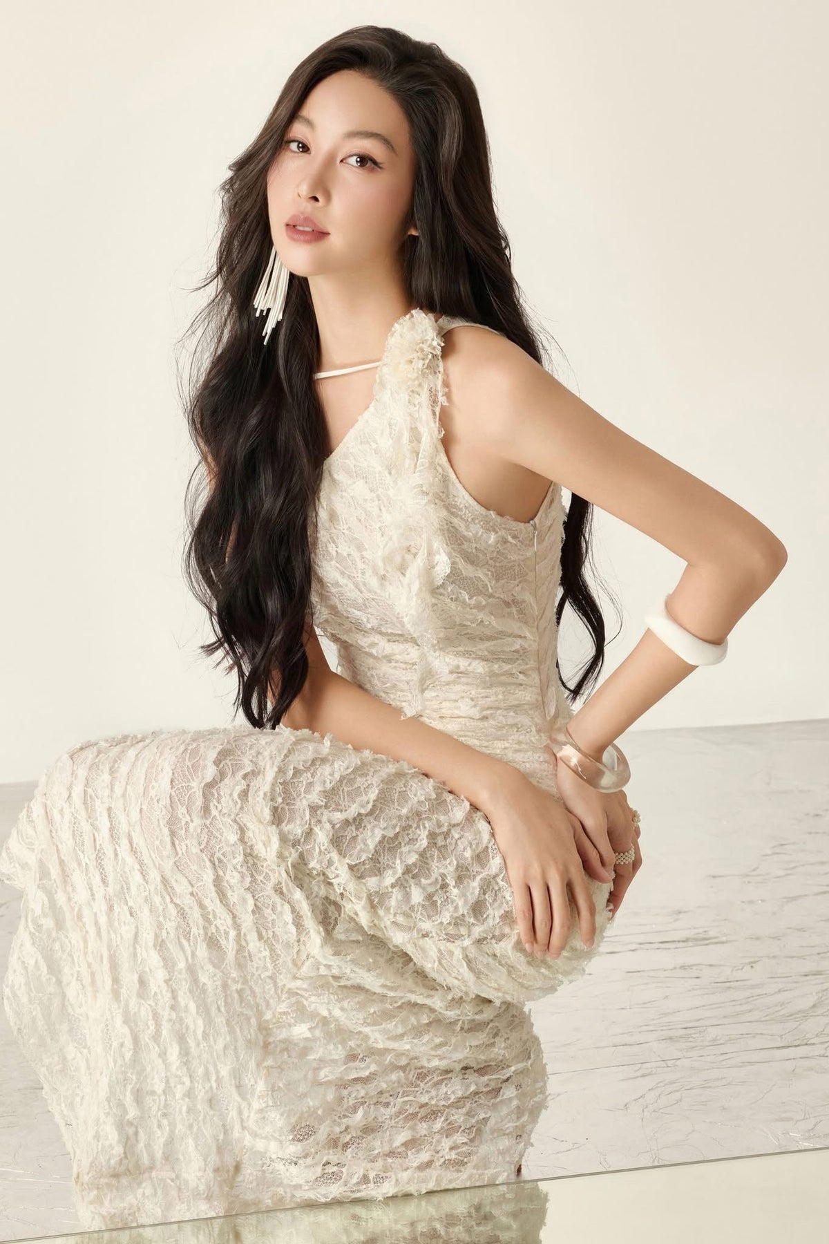 White Beatrice Asymmetrical Slit Lace Maxi Dress