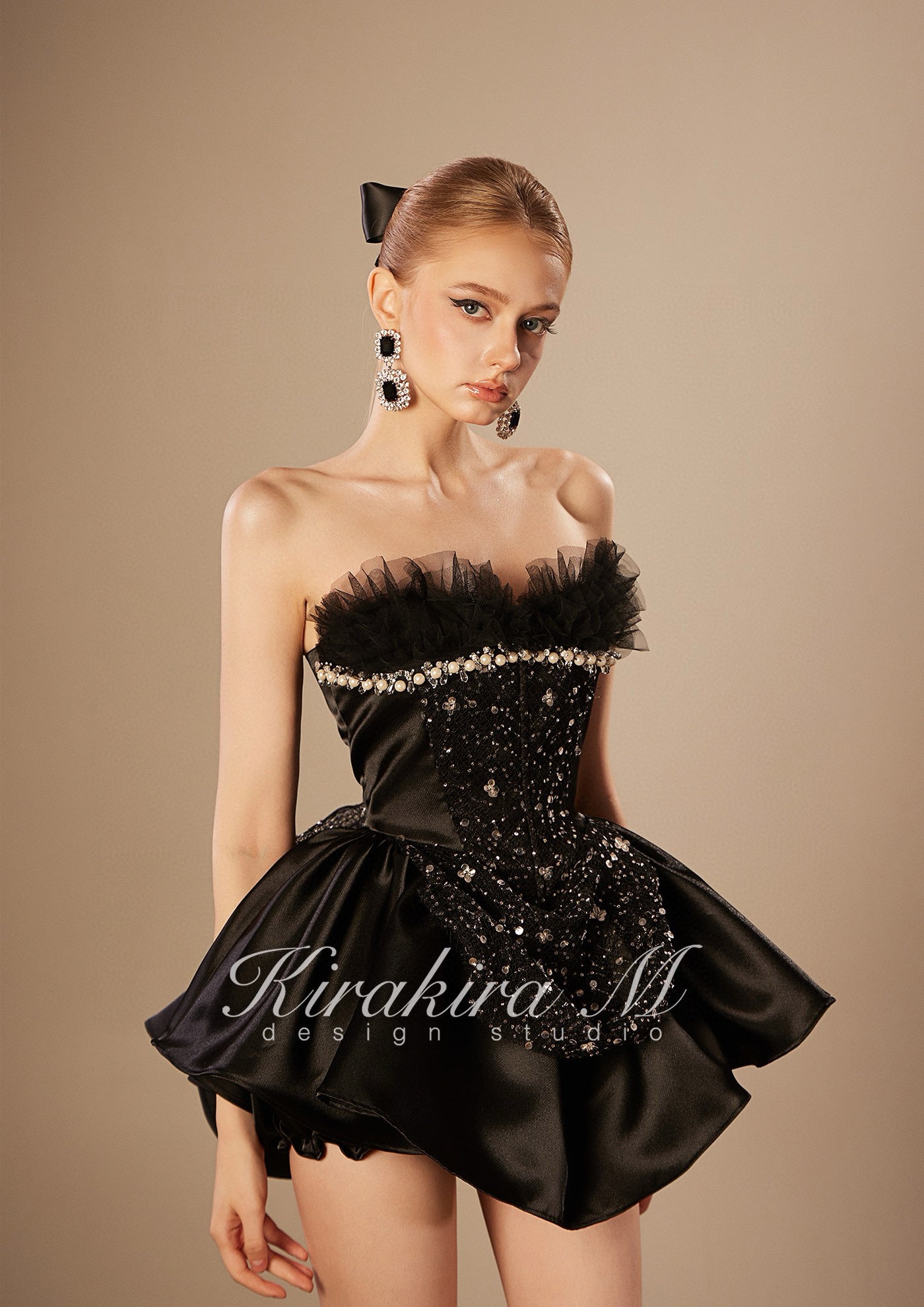 KIRAKIRA M Black Sheath Beaded Princess Mini Dress (Free Pumpkin Pants + Bow Hair Accessories)