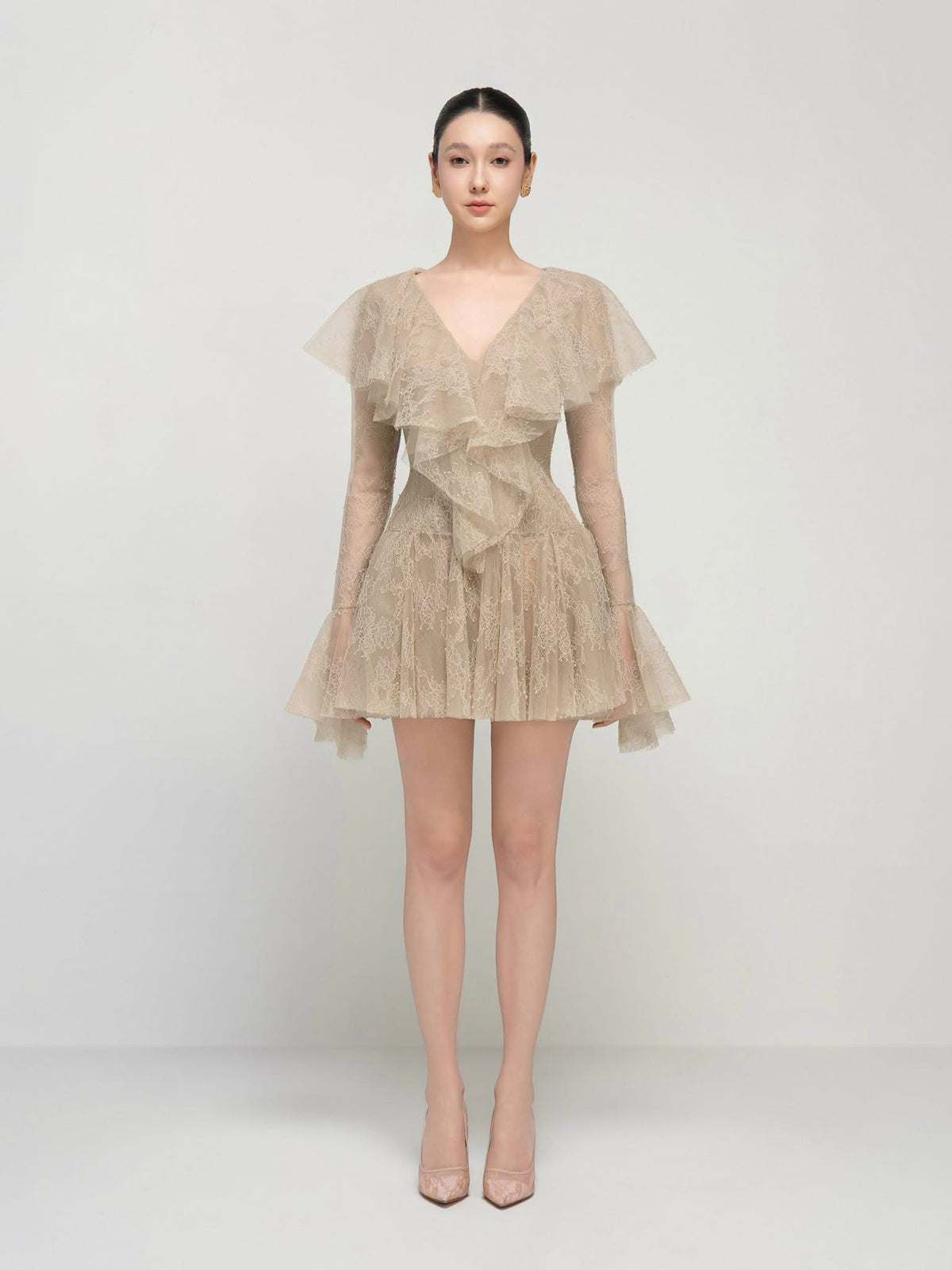 Cream Laurel Ruffled Lace Mini Dress