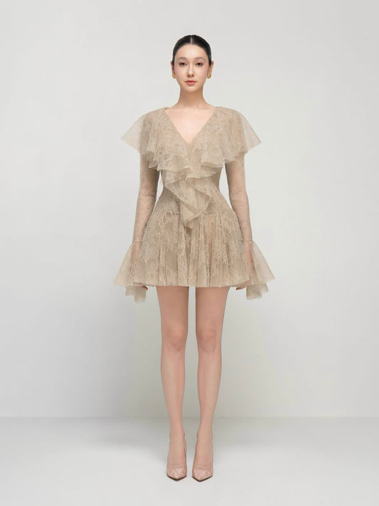 Cream Laurel Ruffled Lace Mini Dress