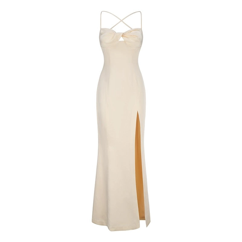 Nana Jacqueline white satin and lace backless maxi dress