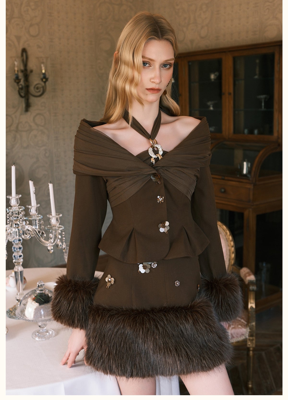 SHEERLUCK Green Vixen Eco-Friendly Fur Neckline Mini Dress & Jacket