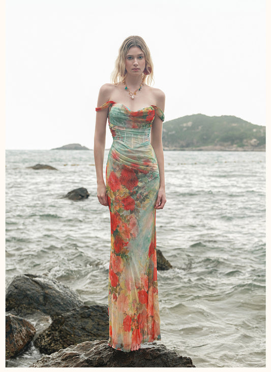 SHEERLUCK Elegant Vacation Blue Floral Ariel Maxi Dress