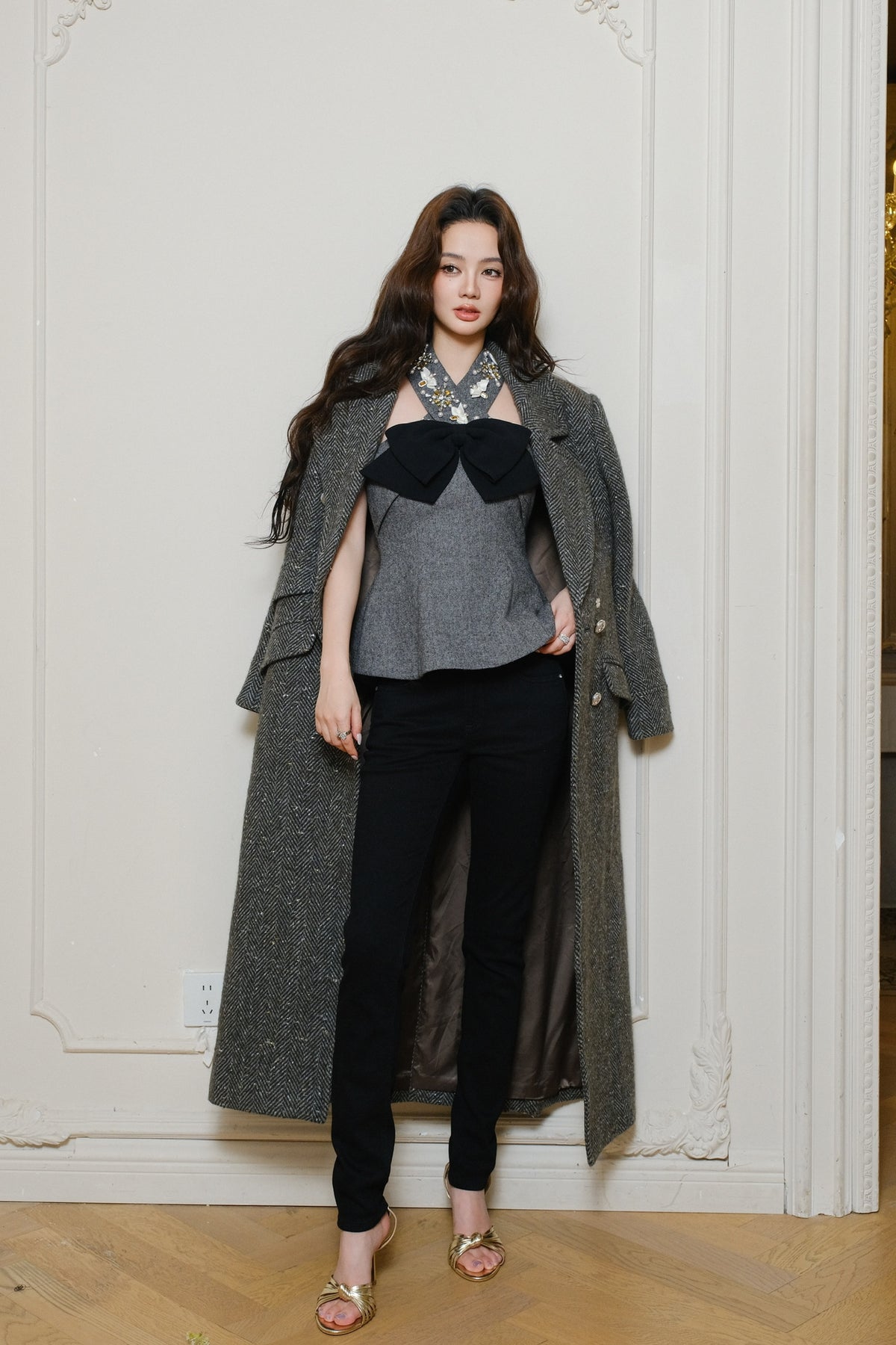 Maison Wester Grey Patterned Double-Button Long Coat