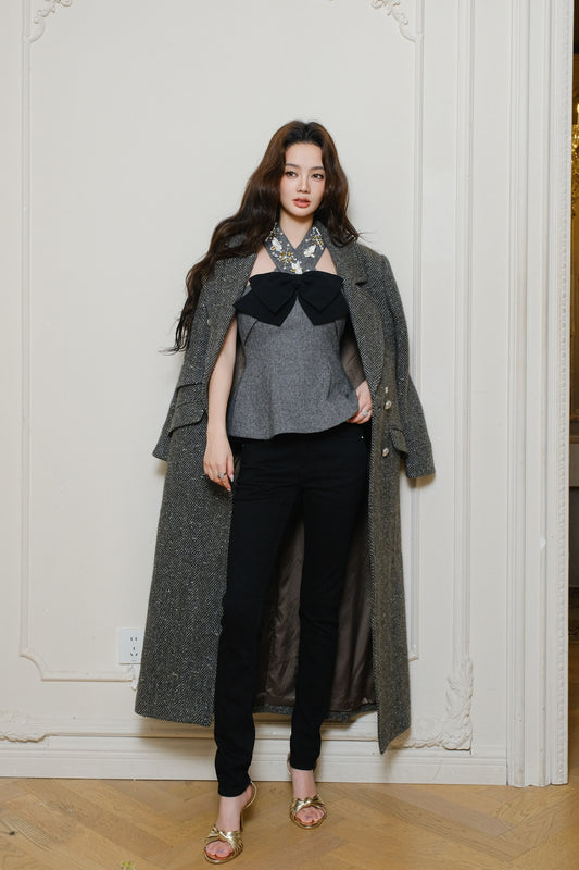 Maison Wester Grey Patterned Double-Button Long Coat