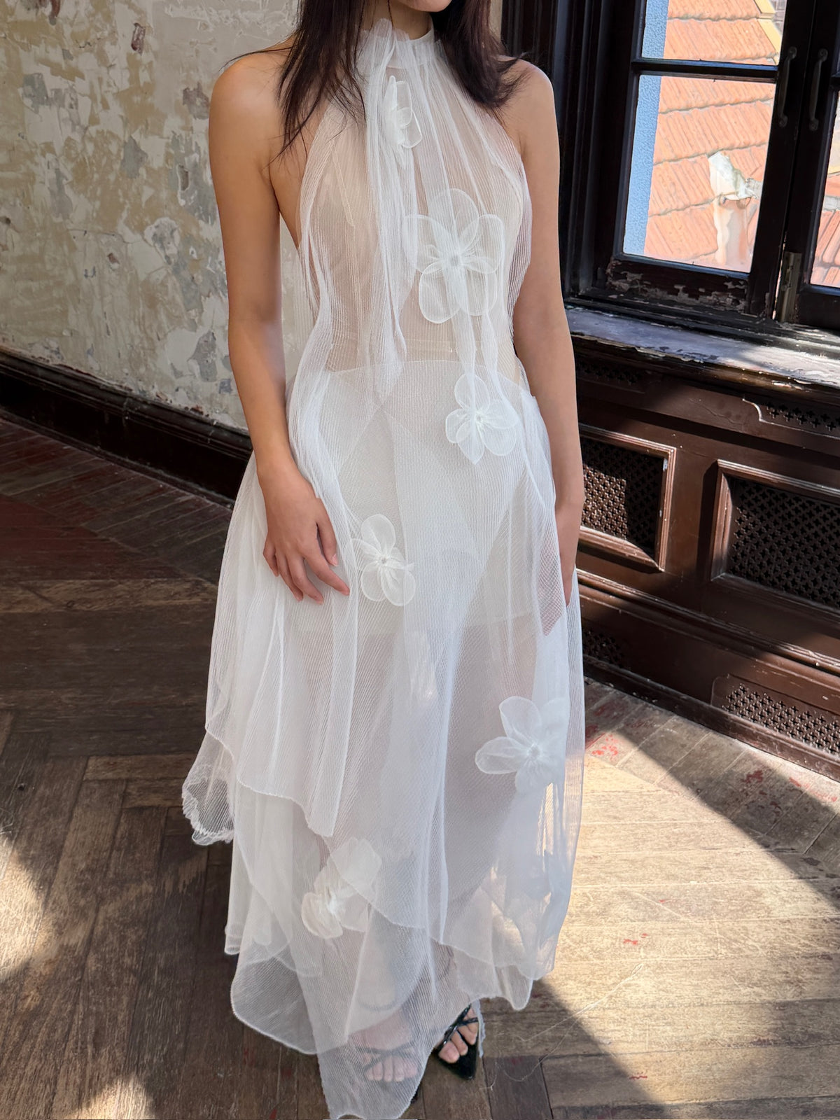 White Halter 3D Floral Sheer Tulle Midi Dress