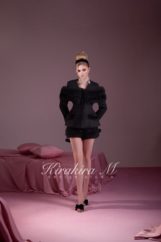 KIRAKIRA M Black Wool V-Neck Fitted Jacket & Low-Waisted Bell-Bottom Shorts