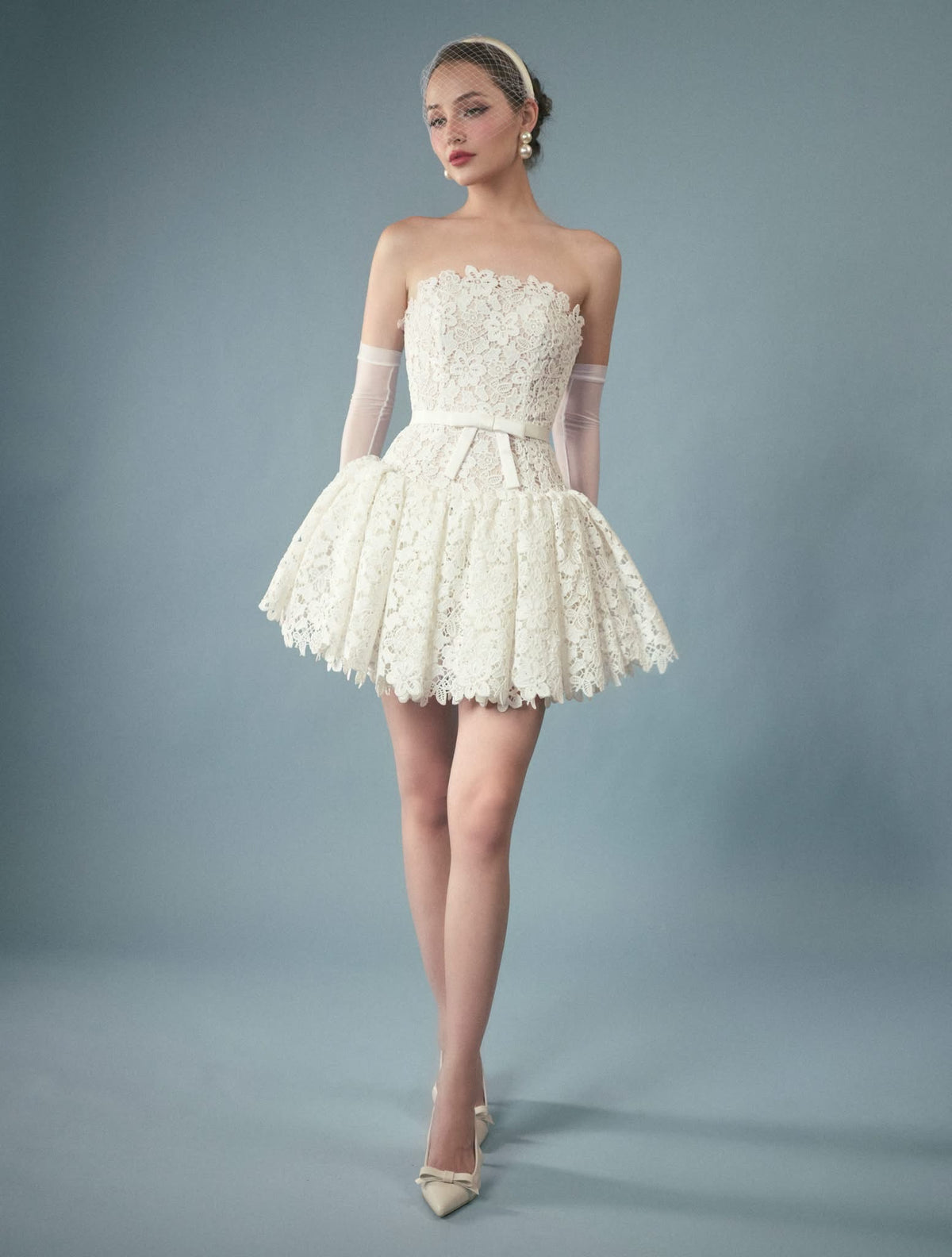 White Lace Bow Sweetheart Mini Dress