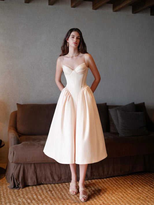 Cream Spaghetti Strap Corset Satin A-Line Midi Dress