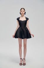 Black Bow Lace Backless Puff Mini Dress