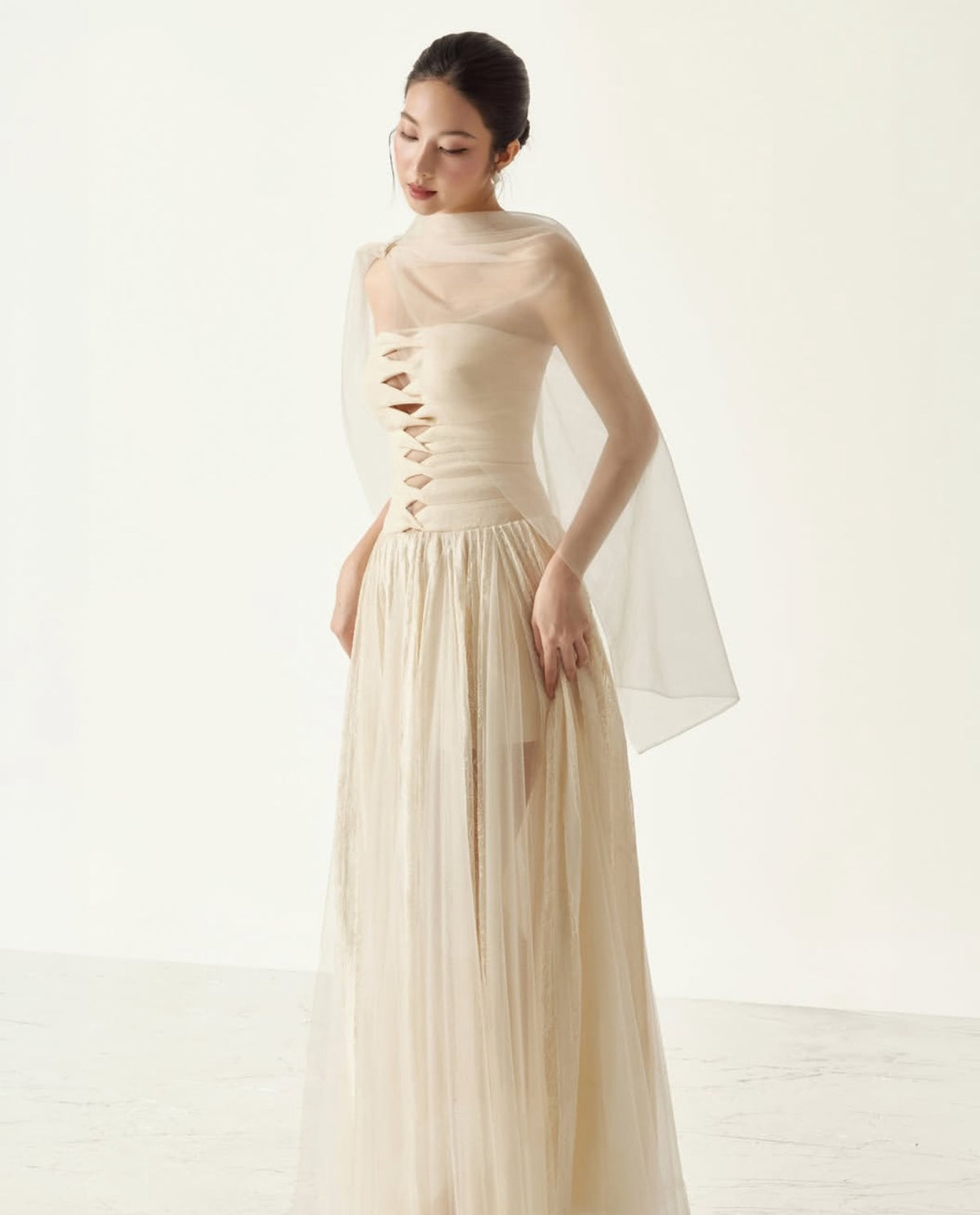 Cream Elizabeth Strapless Lace Mesh Maxi Dress