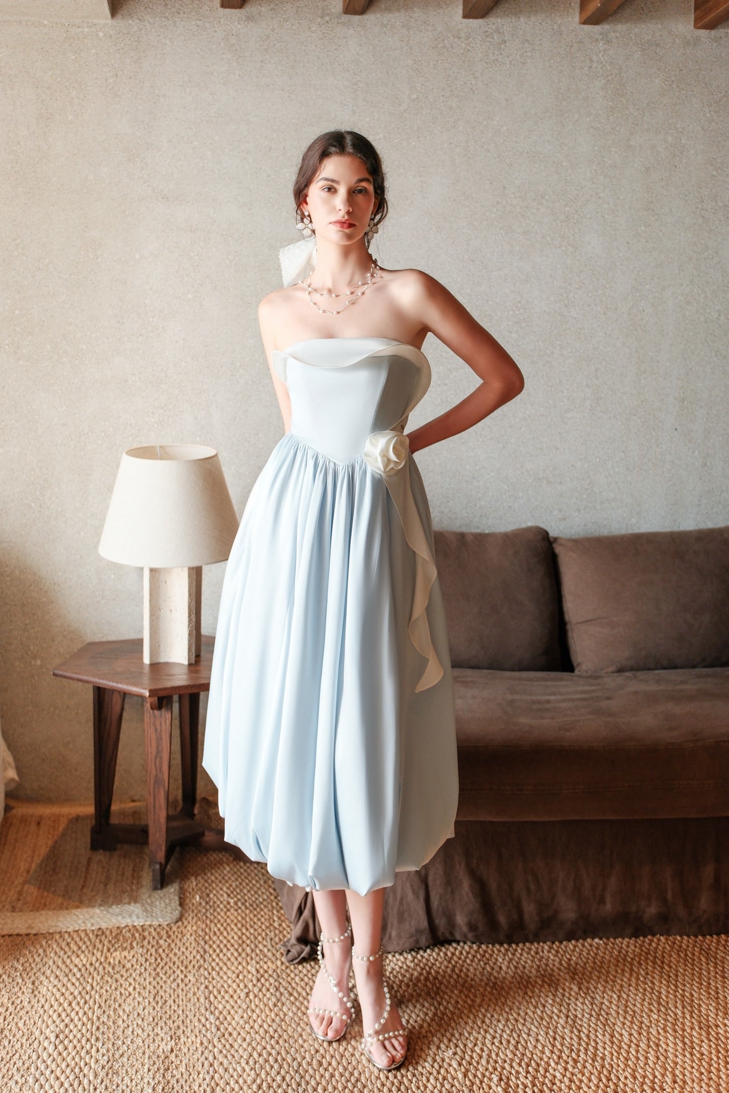 SHEERLUCK Sweet Vacation Blue Bloom Satin-Print Resort-Style Floral Balloon Midi Dress