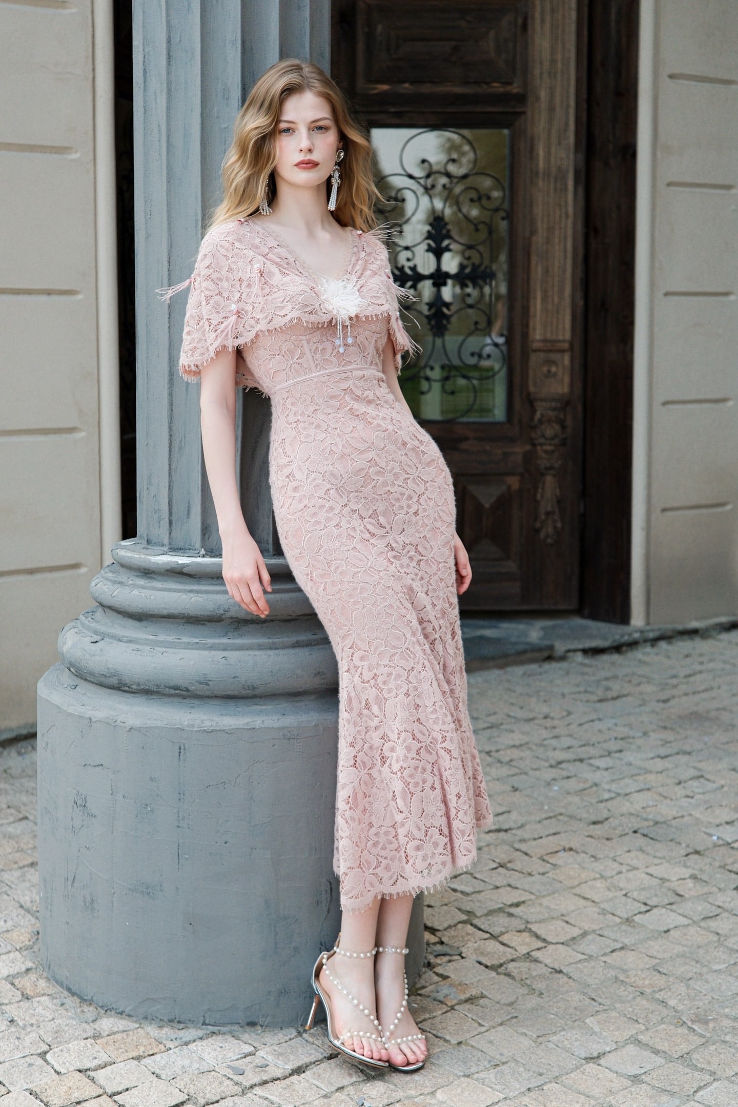 SHEERLUCK Pink V-Neck Lace Shawl-Trimmed Strapless Maxi Dress