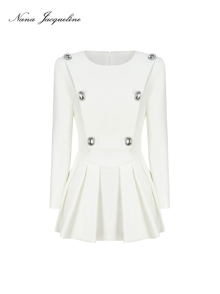 Nana Jacqueline white double-row diamond button pleated mini dress