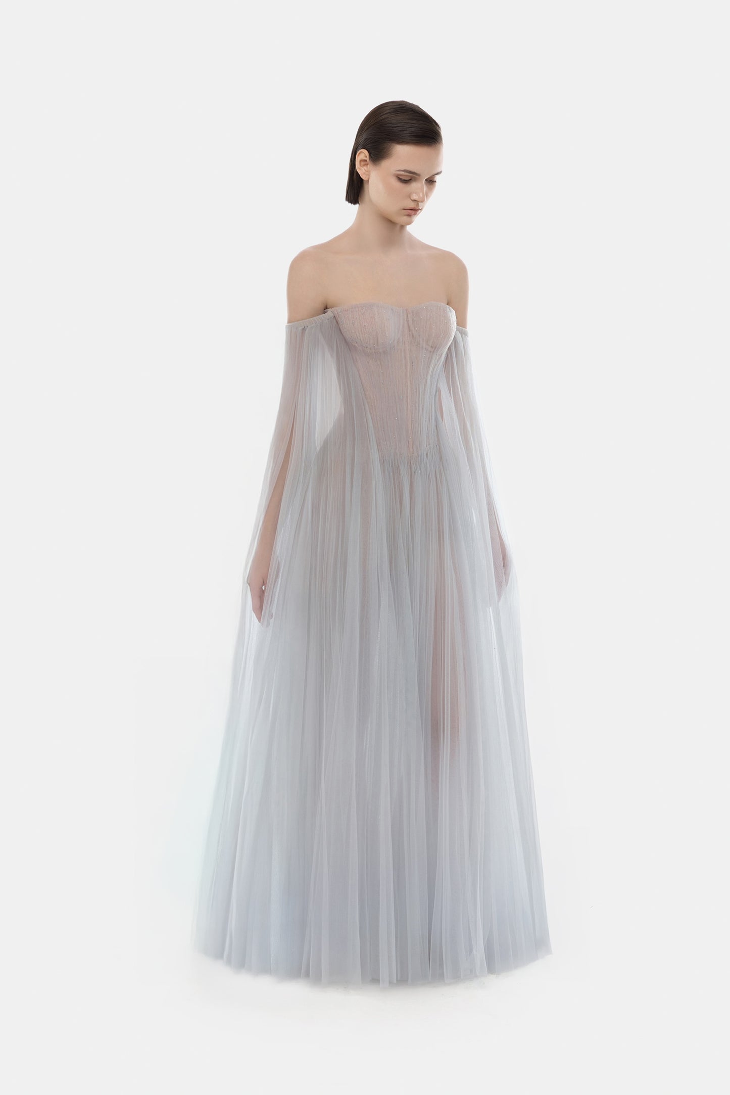 MONTSAND Baby Blue Vacation Elegant Tulle Off-shoulder Maxi Dress