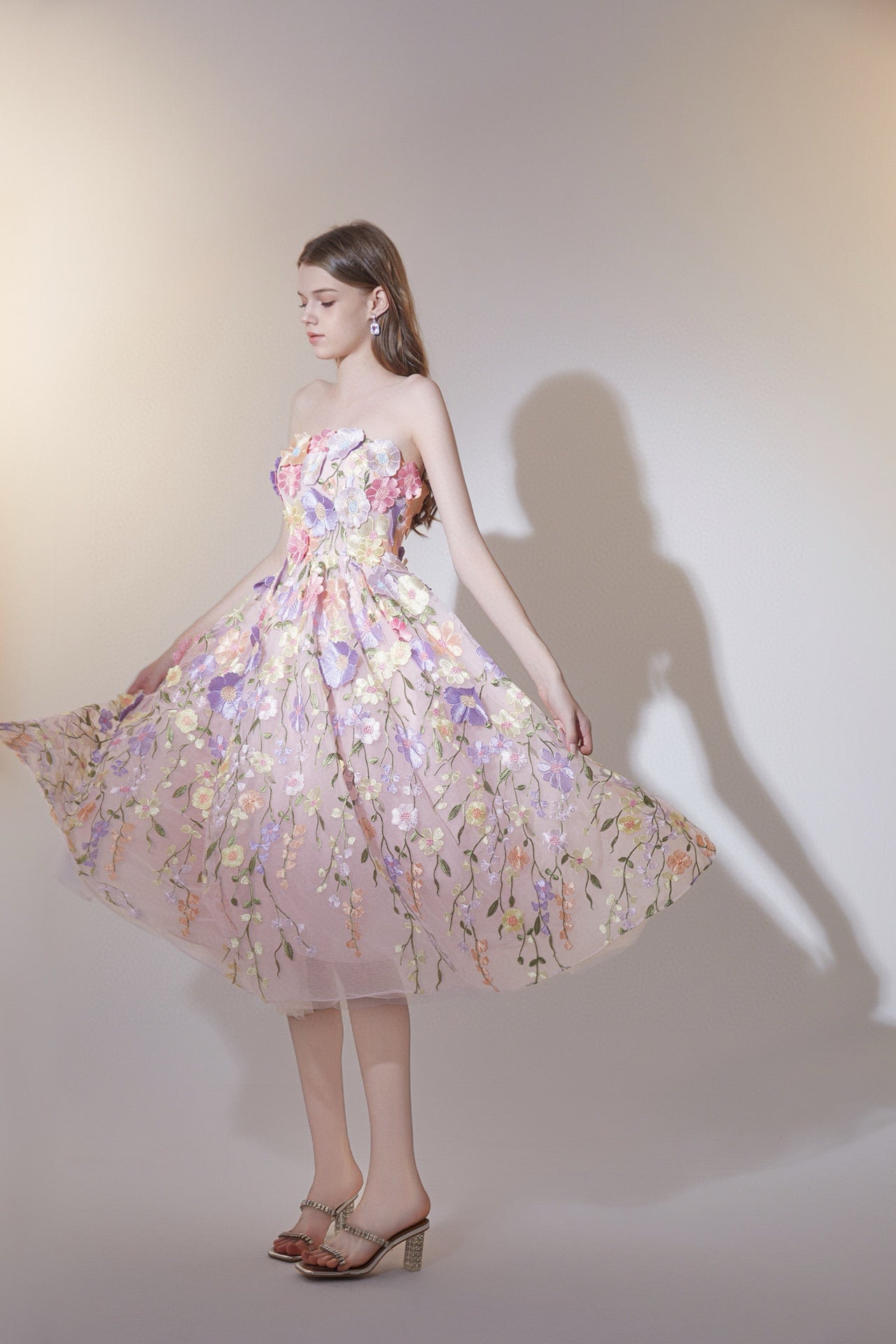 WARDROBE BY CHEN Pink mutlicolour flower midi dress