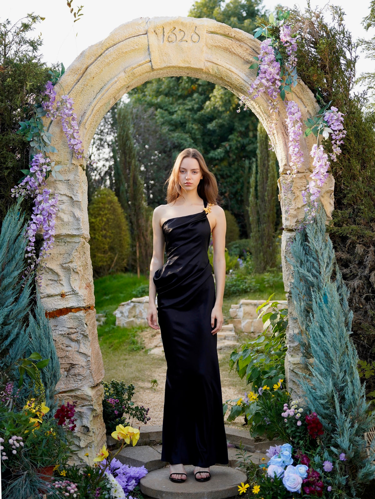 White Satin Draped One Shoulder Maxi Dress
