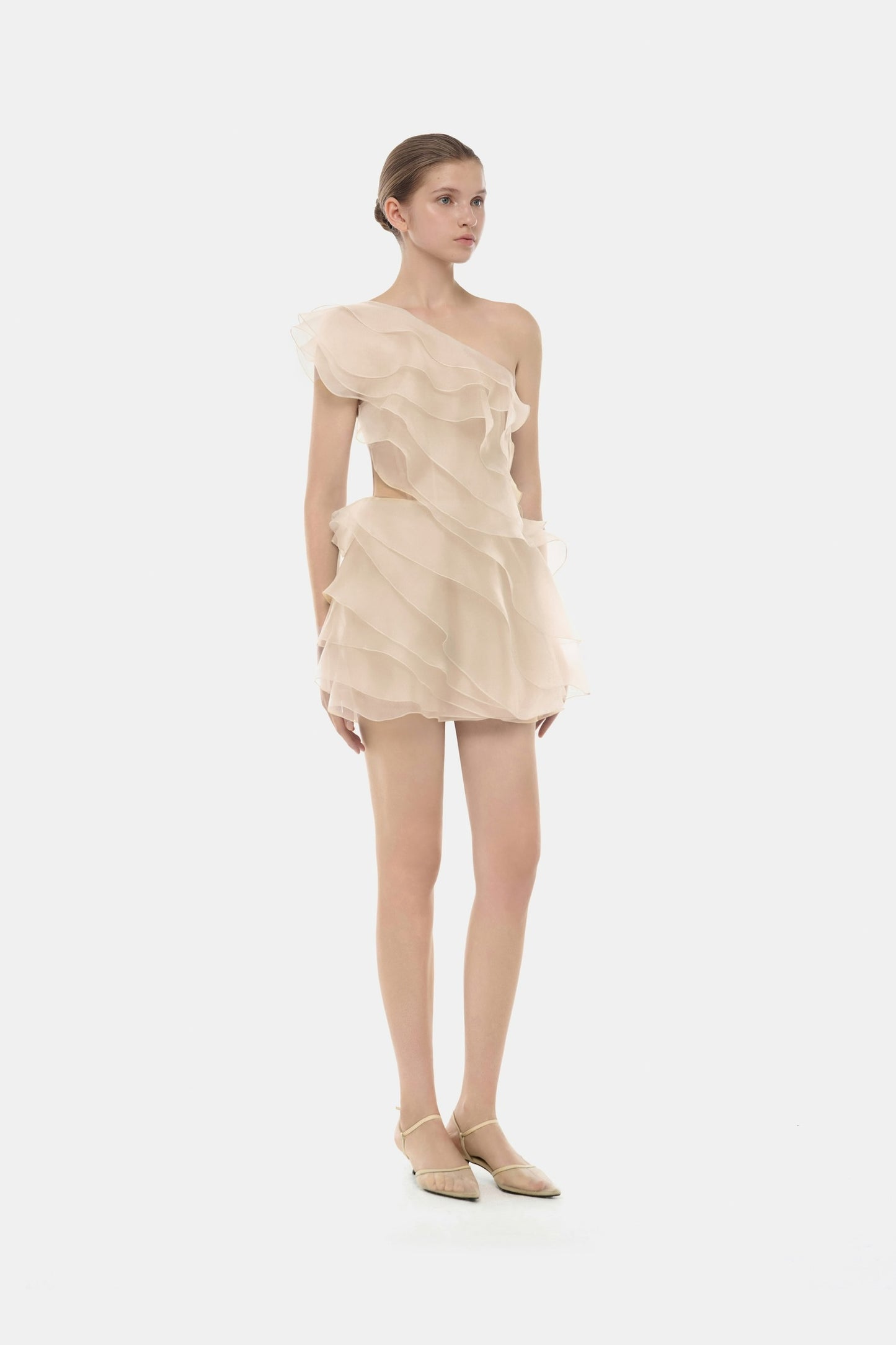 MONTSAND Green Vacation Elegant Ruffle One-shoulder Mini Dress