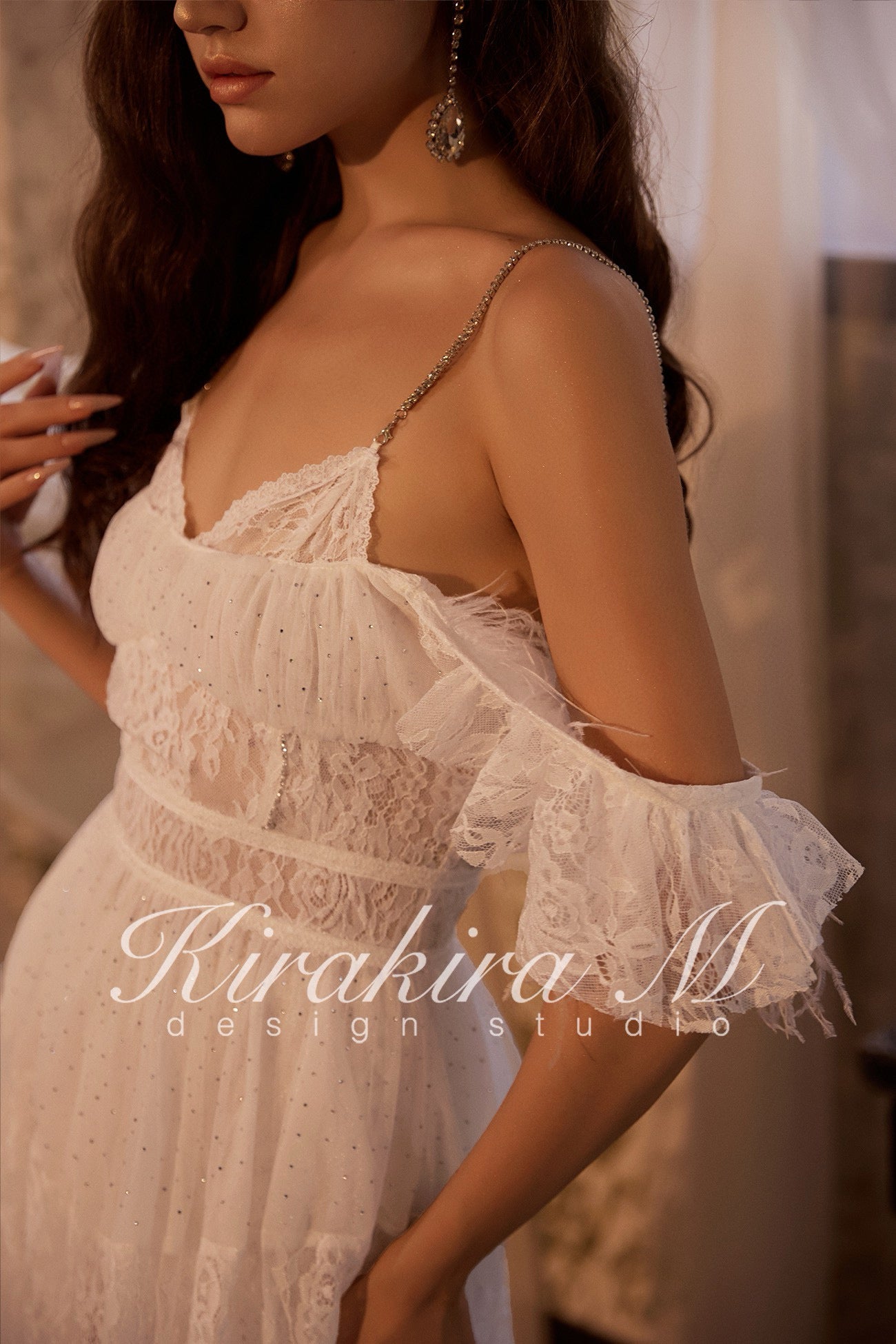 KIRAKIRA M White Diamond Embellished Feather Lace Extra Maxi Dress + Bottoms (Slightly Sheer)