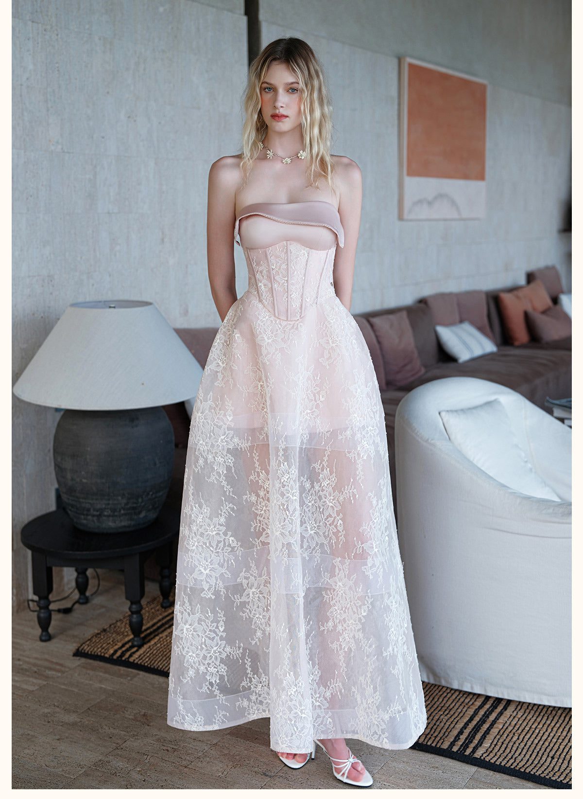 Sheerluck Elegant Vacation Brown Serenata French-collar Strapless Mini Dress & Tulle Maxi Dress