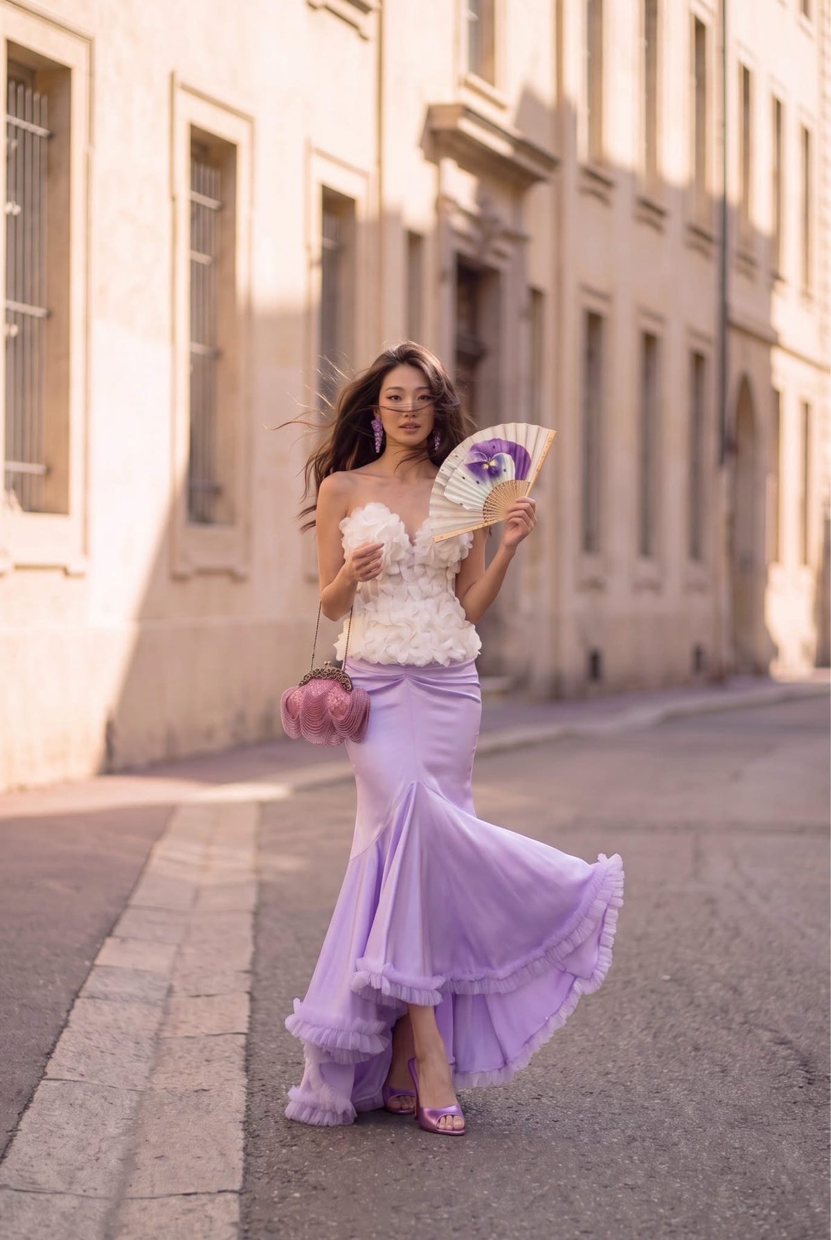 Pink Strapless 3D-Flower Maty Top & Satin High-Low Trumpet Reniosa Midi Skirt