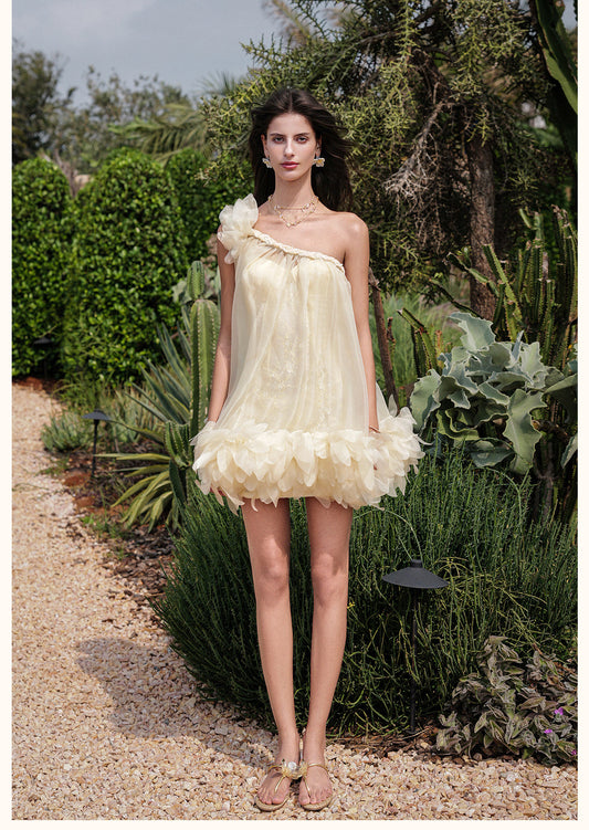 Sheerluck Elegant Vacation White Lido Atmospheric Off-the-Shoulder Sequinned Backless Mini Dress