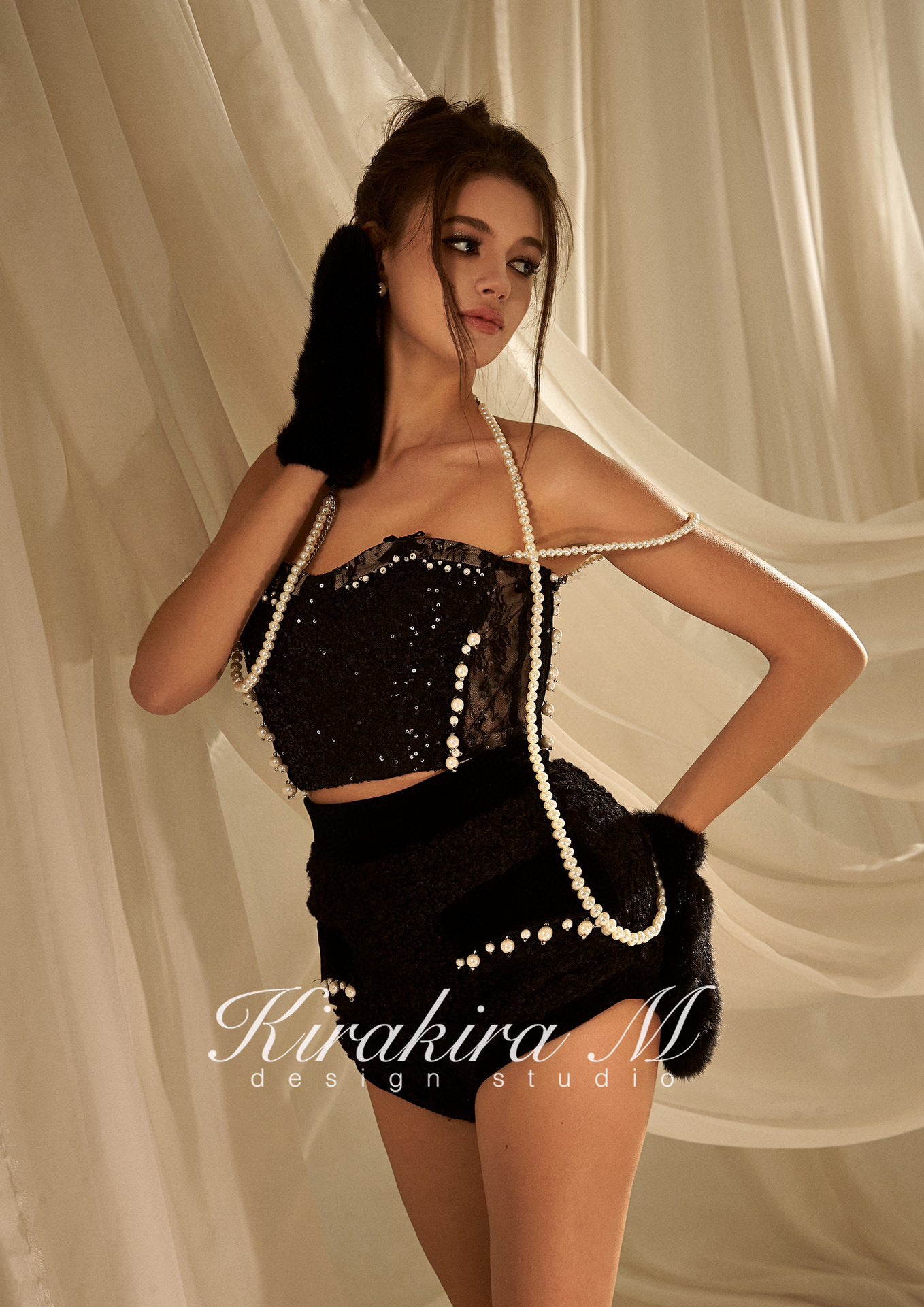 KIRAKIRA M Black glitter laced top and short with pearls detail