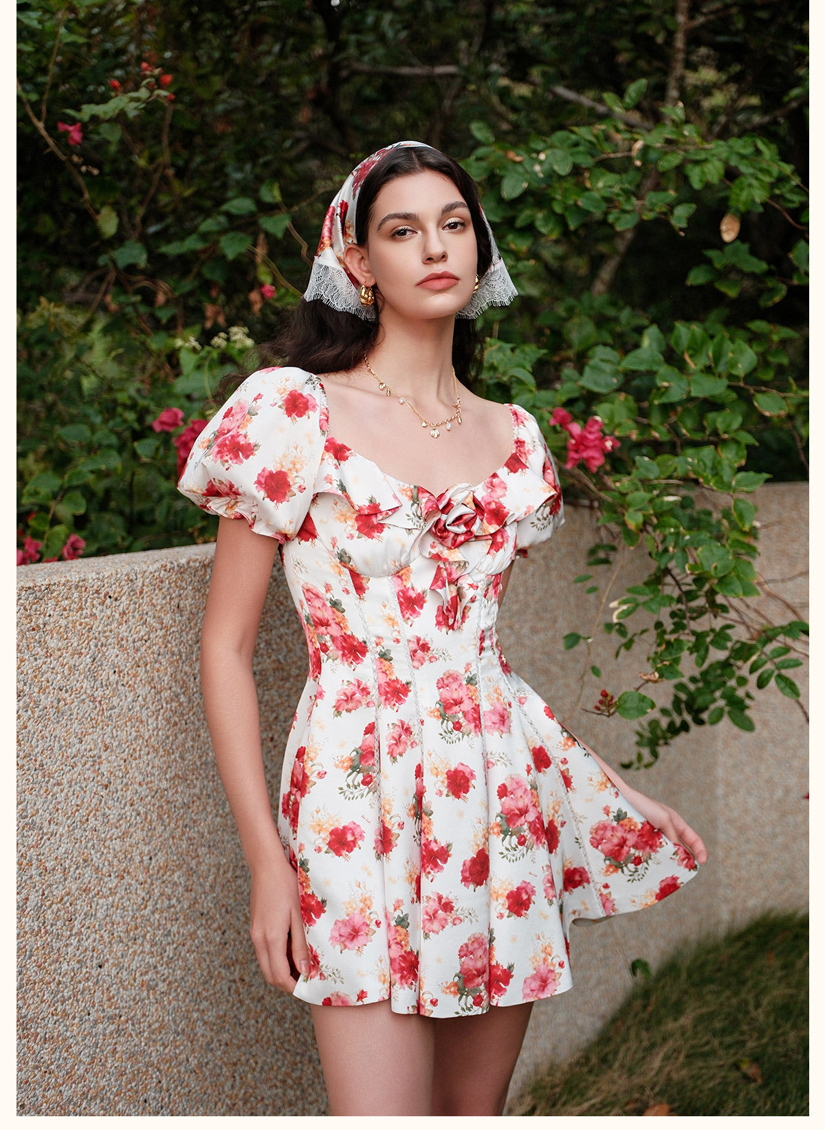 SHEERLUCK Red Floral Florette Vacation Mini Dress