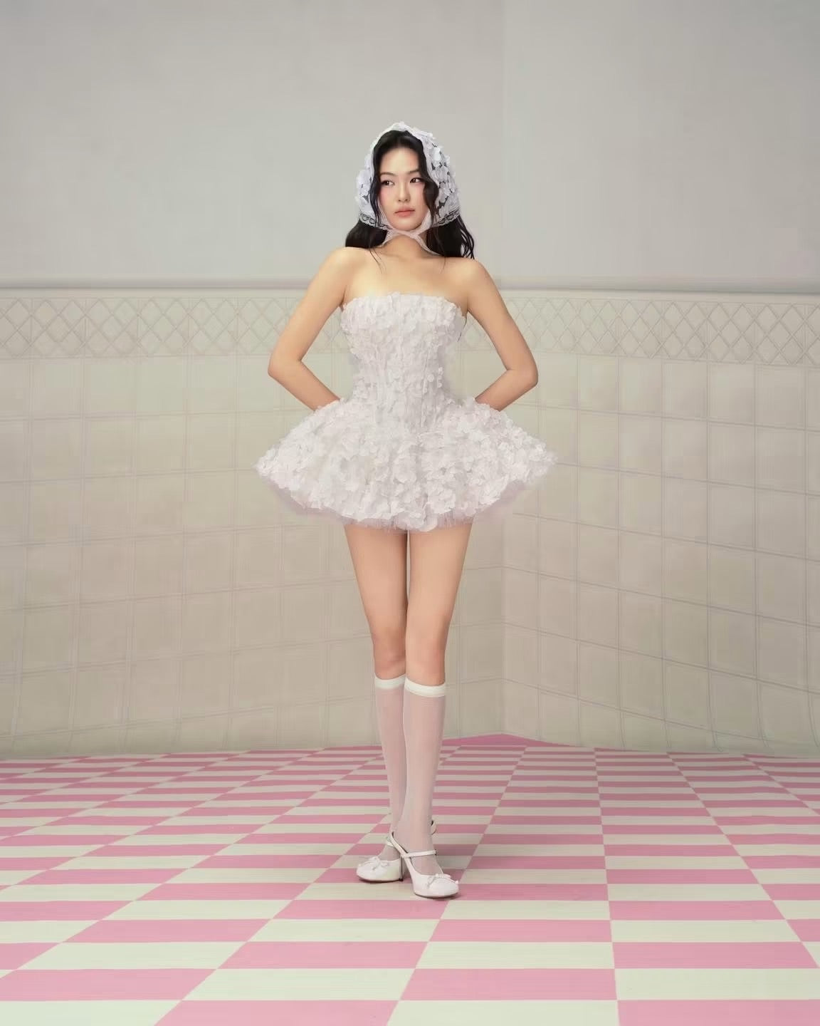 White Strapless 3D-Petal Puff Misa Mini Dress