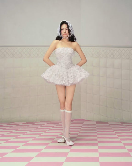 White Strapless 3D-Petal Puff Misa Mini Dress