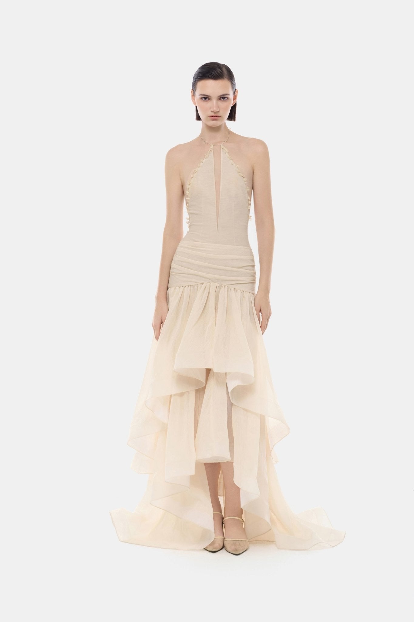 MONTSAND Cream Vacation Elegant Cut-out Halter Maxi Dress