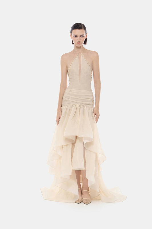 MONTSAND Cream Vacation Elegant Cut-out Halter Maxi Dress