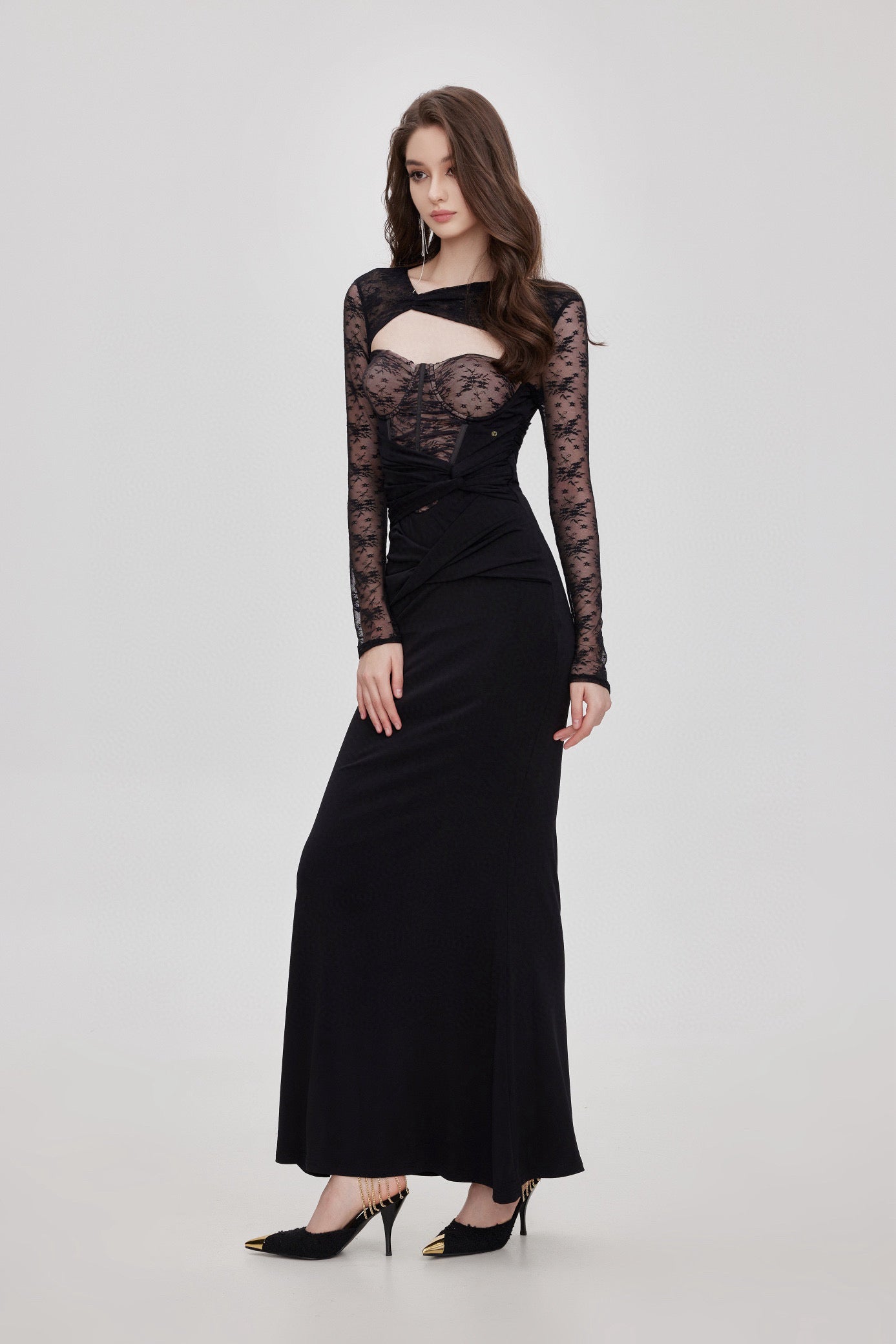 SHEERLUCK Pink & Black Lace maxi Dress