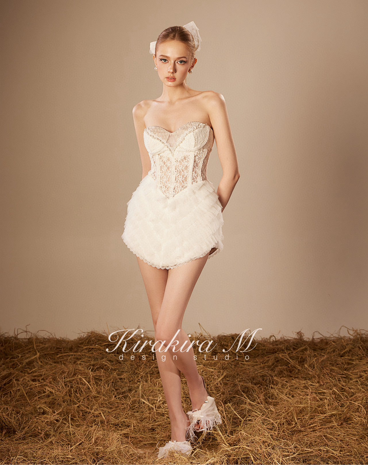 KIRAKIRA M White Fishbone Sheath Mini Dress