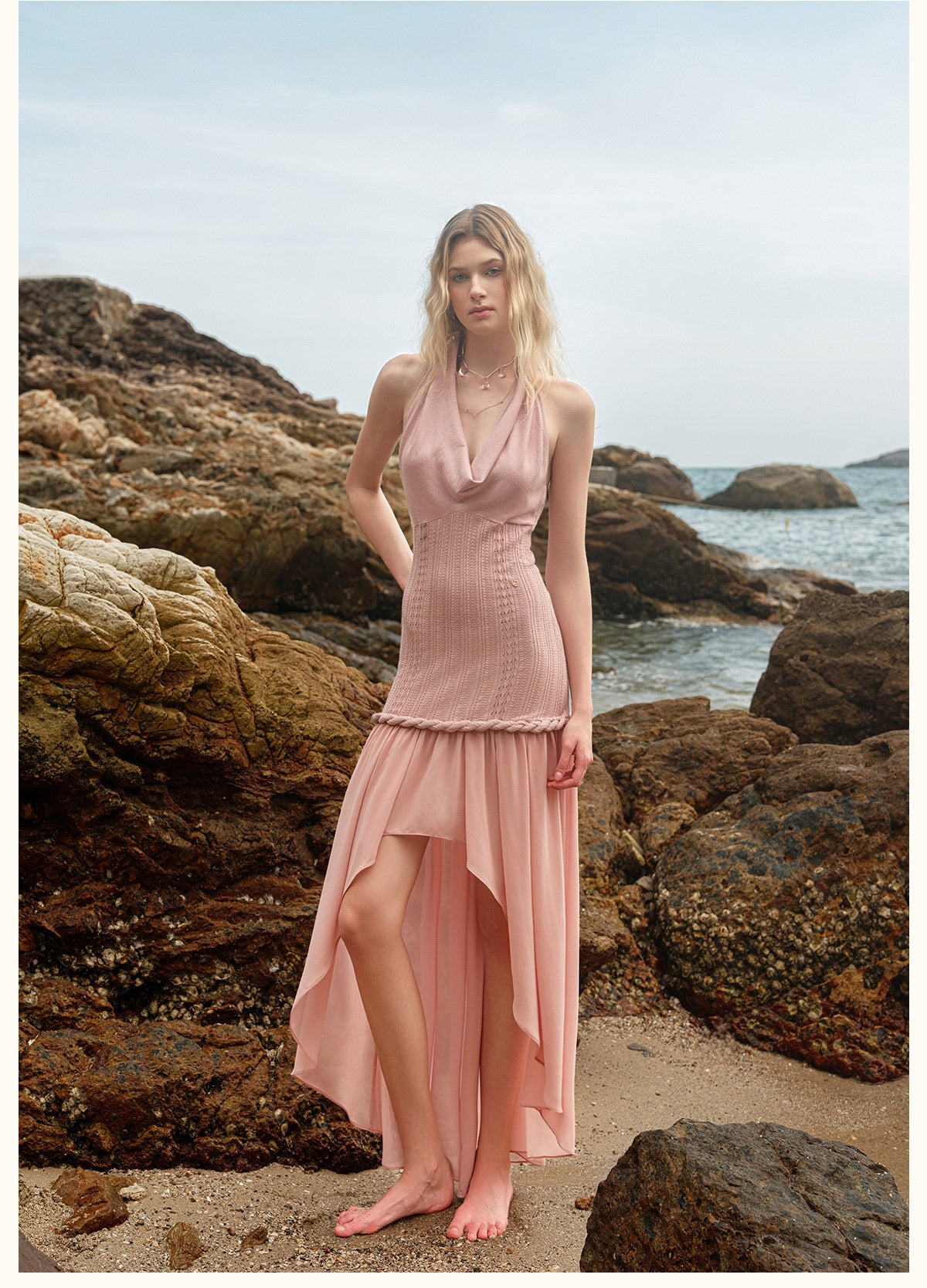 Cream Draped Halter Knit High-Low Chiffon Maxi Dress