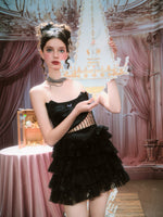 Black Strapless Color-Stripe Cut-Out Waist Layered Tulle Mini Dress