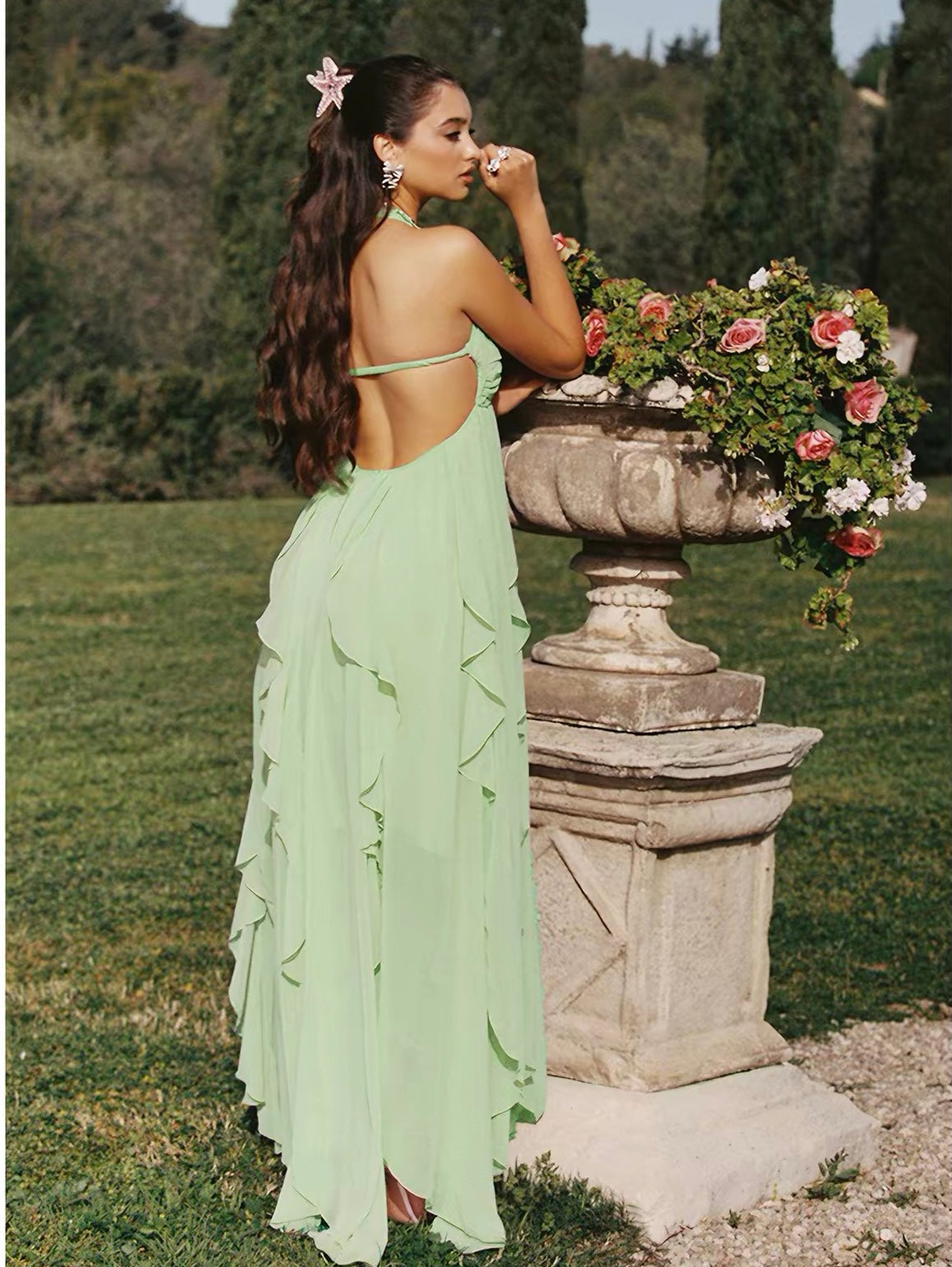 Blue Chiffon Strapless Starfish Brooch Layered Ruffle Marina Maxi Dress