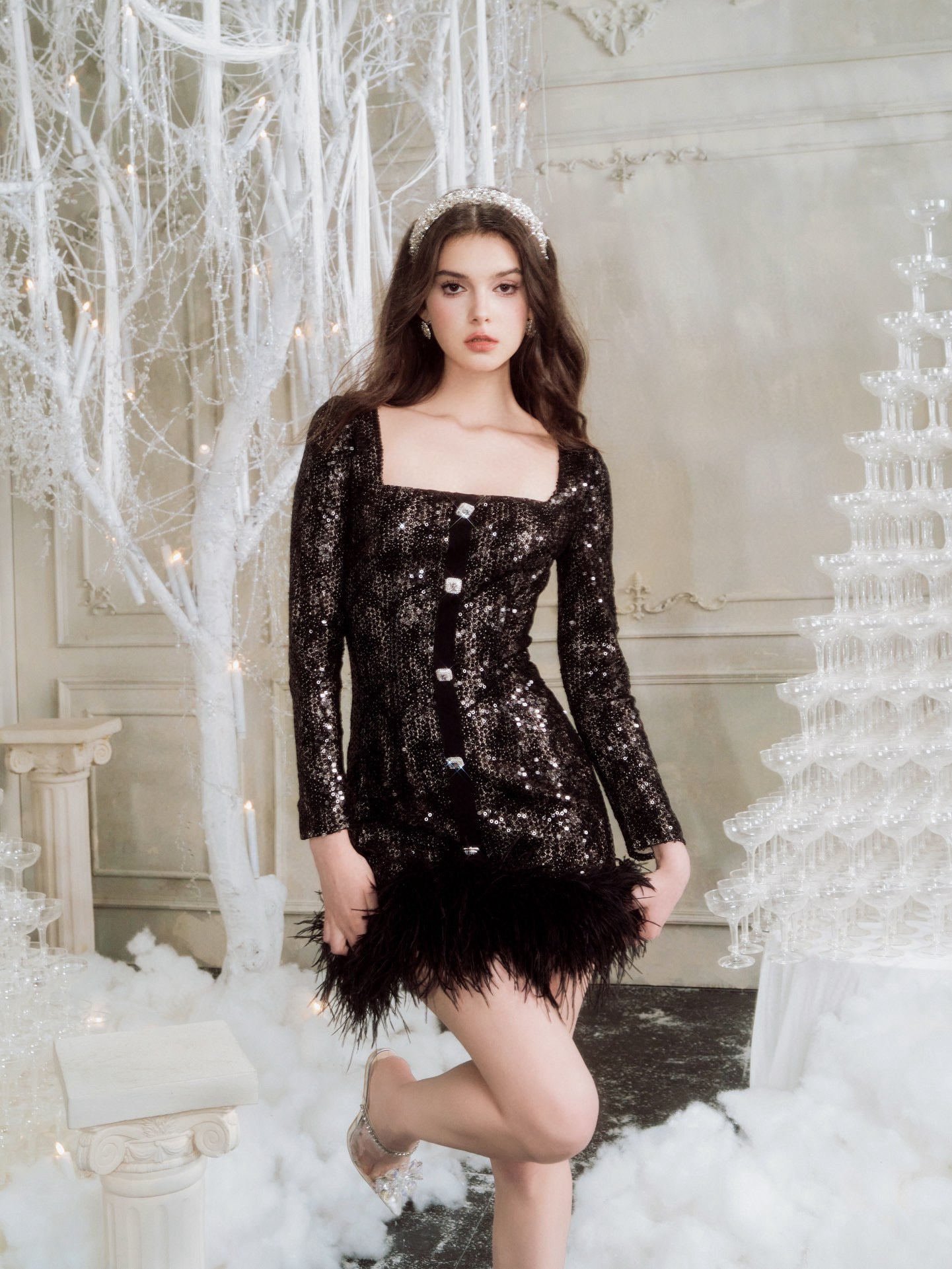 WARDROBE BY CHEN Black Lace Diamond Button Feather Mini Dress