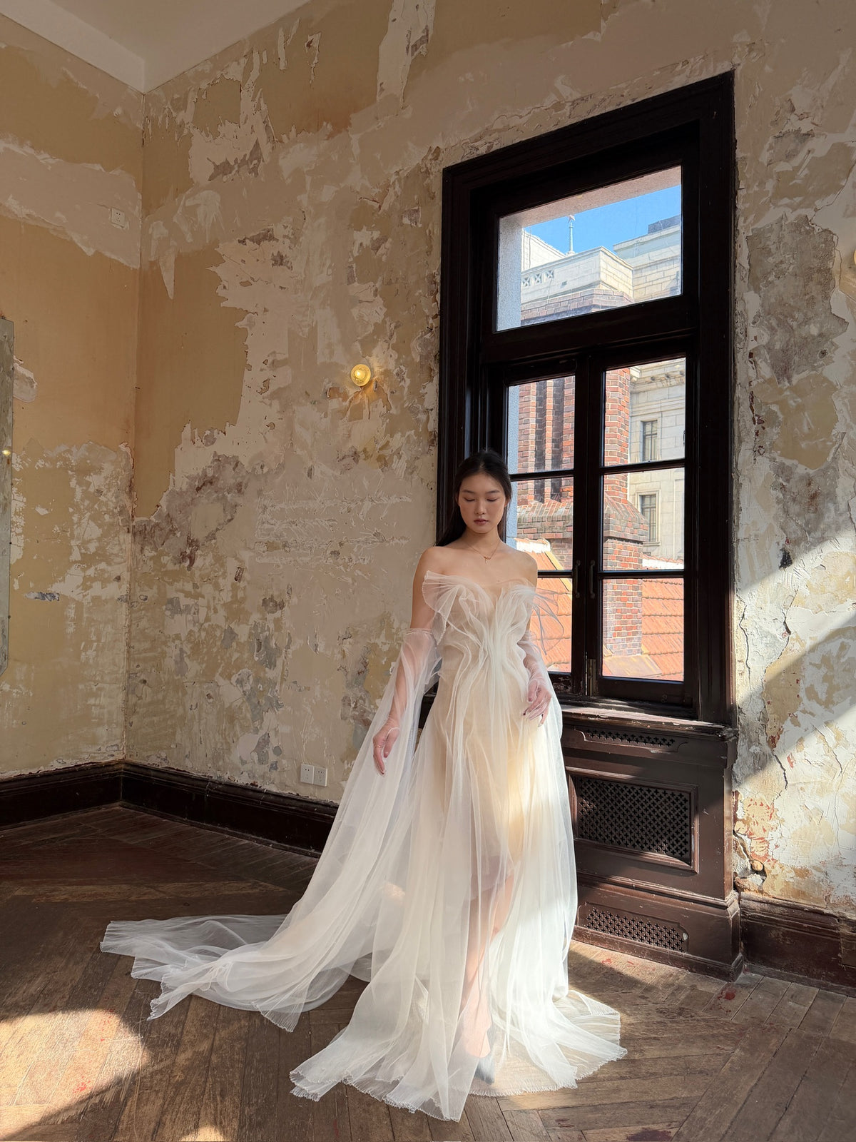 White Off Shoulder Tulle Flowy Maxi Dress