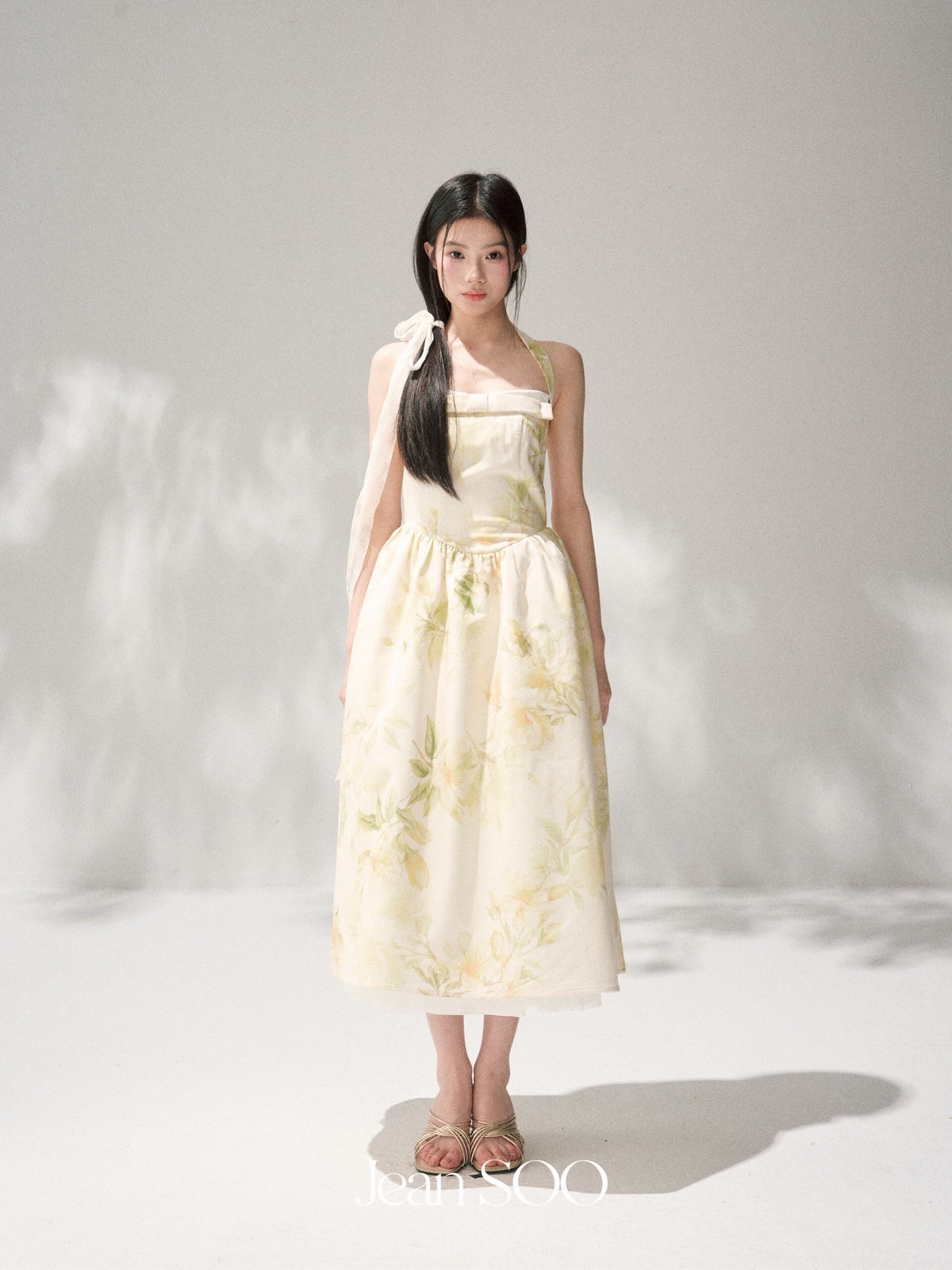 Yellow Ink Floral Halter Strapless Bow Swing Midi Dress