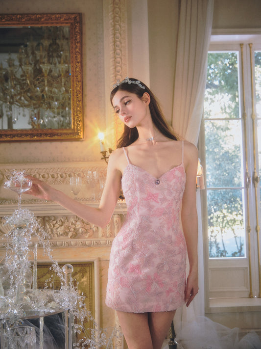 Pink Satin Lace Floral Embroidered Deep V Bodycon Mini Dress