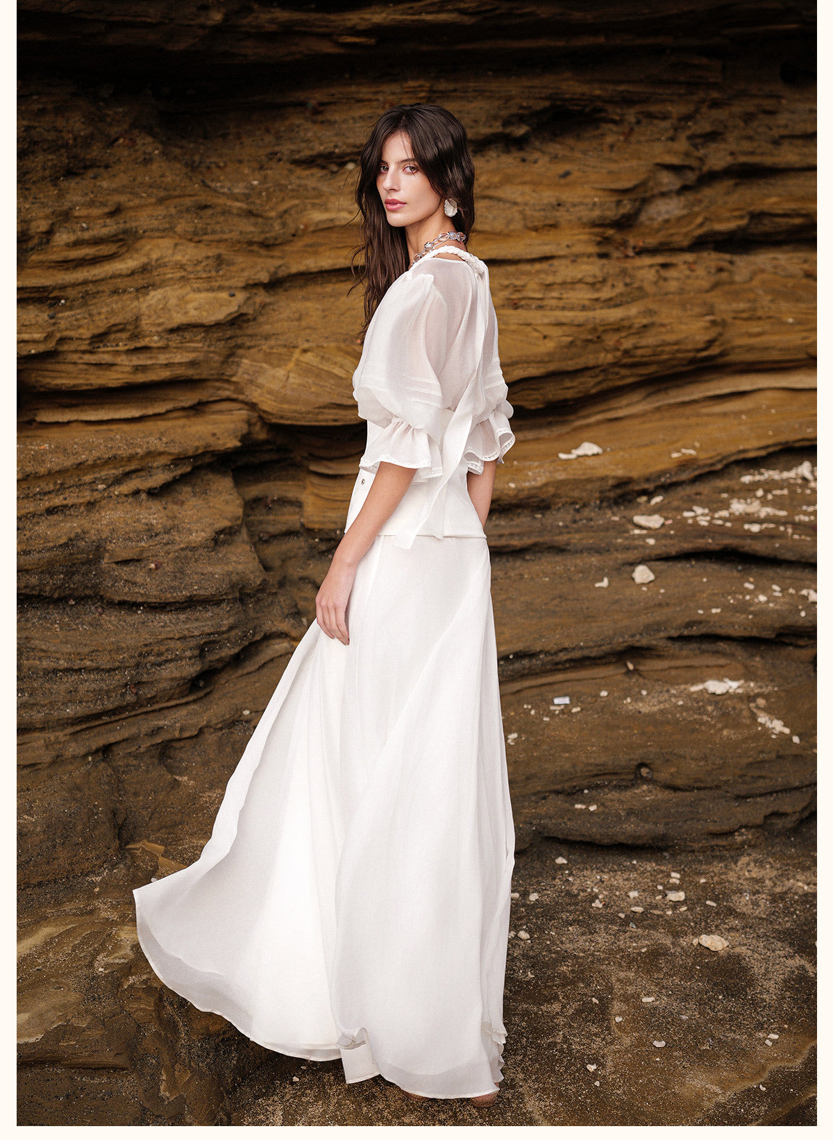 Sheerluck Elegant Vacation White Palazzo V-neck Maxi Dress