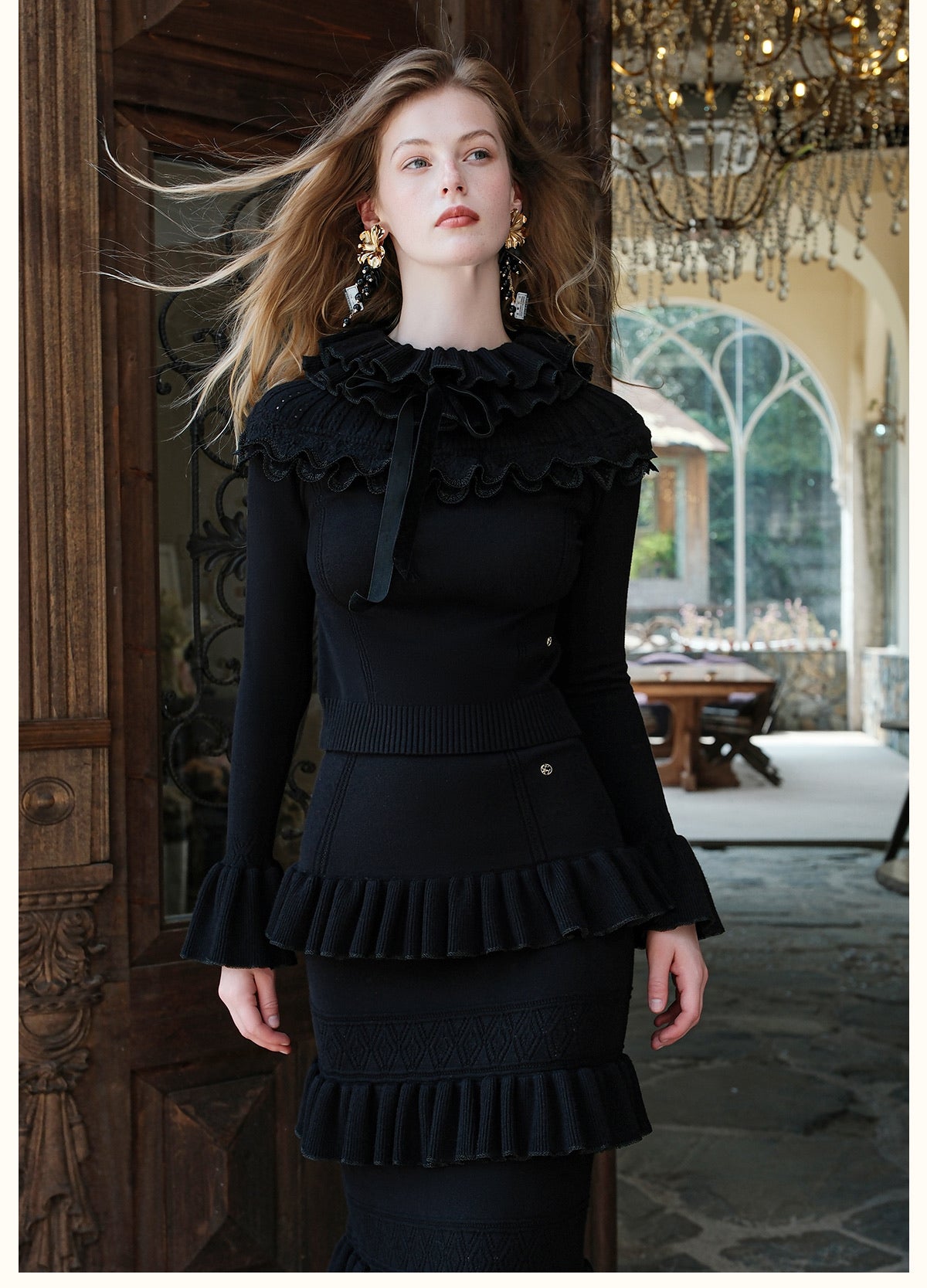 SHEERLUCK Brown Ribbon Vintage Ruffled Knitted Top & Skirt