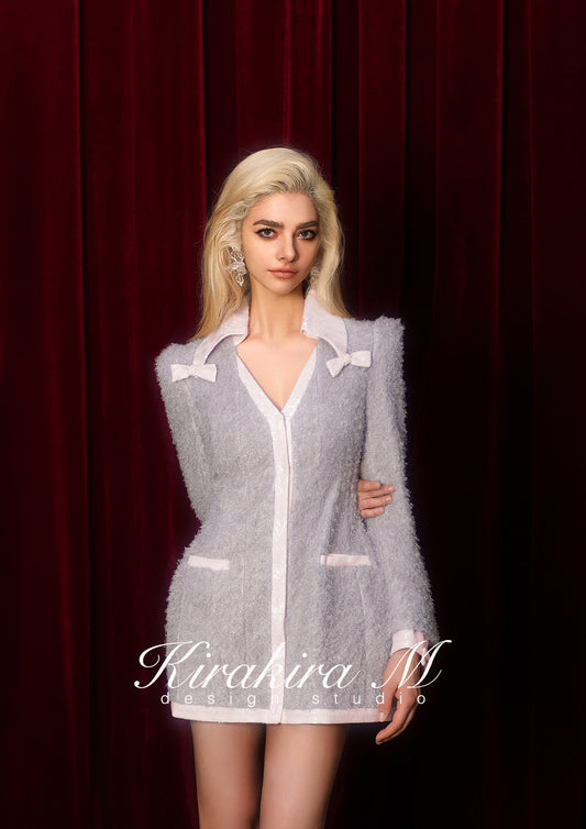 Kirakira M silver Pearl Tassel Lapel Patchwork Tweed Mini Jacket mini Dress