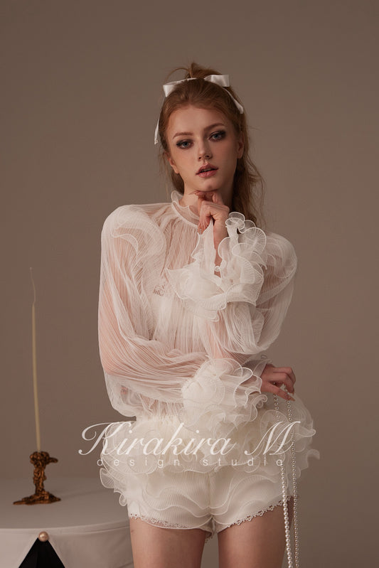 Kirakira M White Lace Blouse & Lace Low Rise Pants