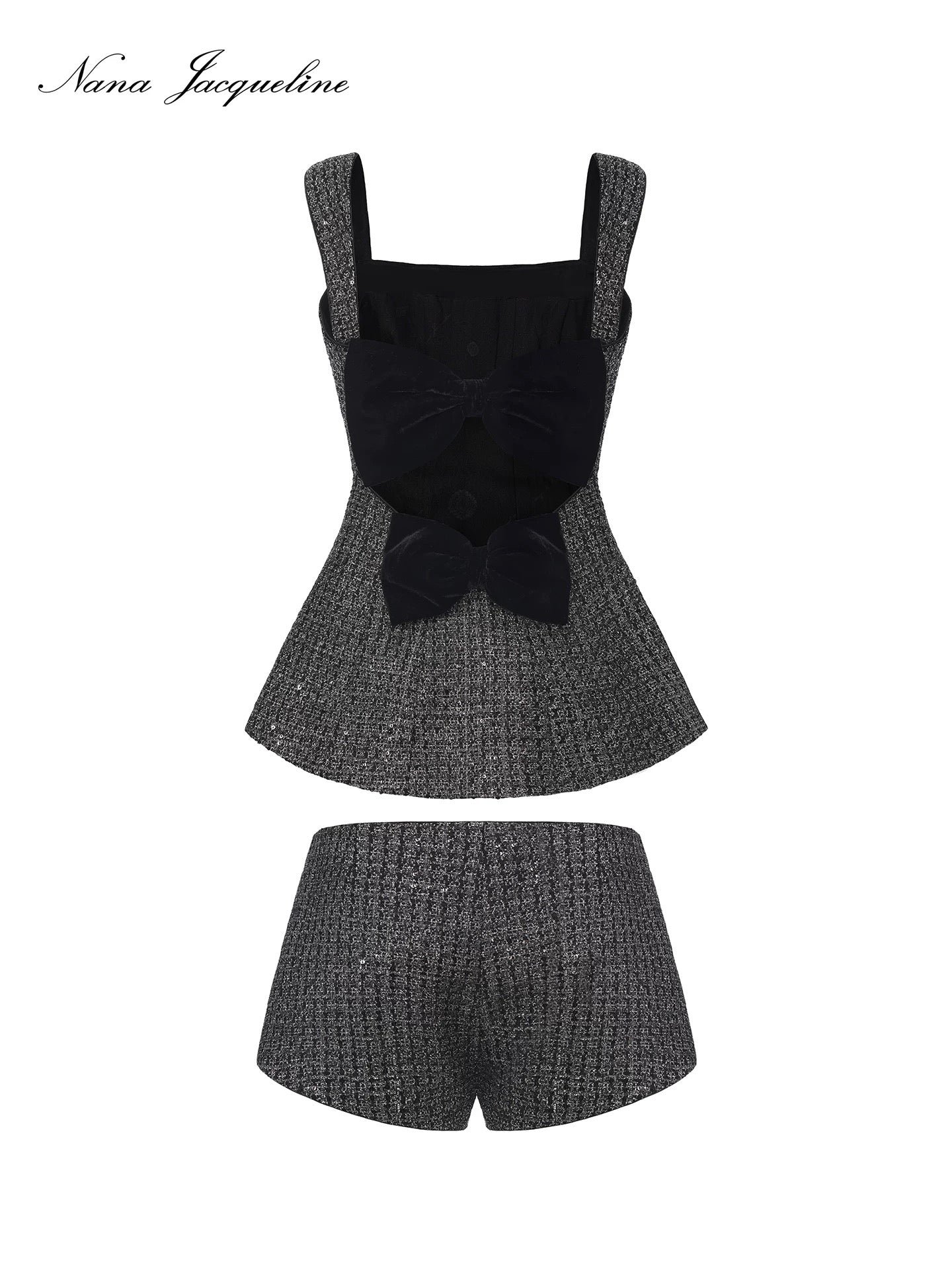 NANA JACQUELINE Grey Velvet lapel patchwork sequined Elegant Top & Shorts
